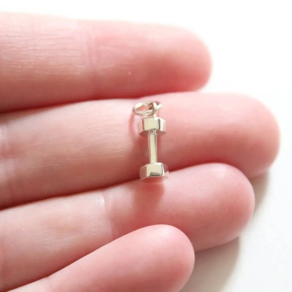 Dumbbell Charm - Sterling Silver Tiny Dumbbell Charm - 925 Sterling Silver - Picture 2 of 3